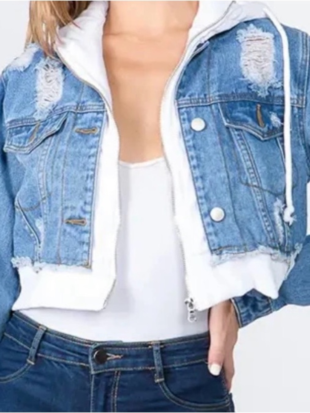 American Bazi Women's Casual Distressed Layered Hoodie Denim Jacket